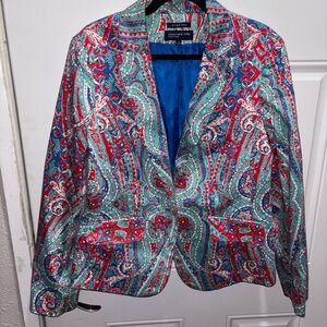 Jones New York Signature Paisley Blazer Women’s Size 16 Stretch Red Teal Blue